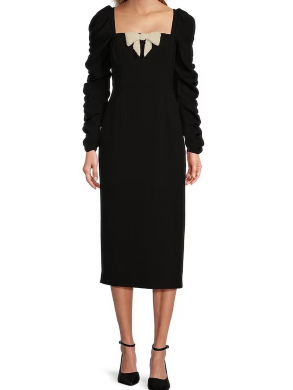 Antonio Melani Elena Crepe Square Neck Midi Ruched Sleeve Pearl Bow Dress - Picture 4 of 7